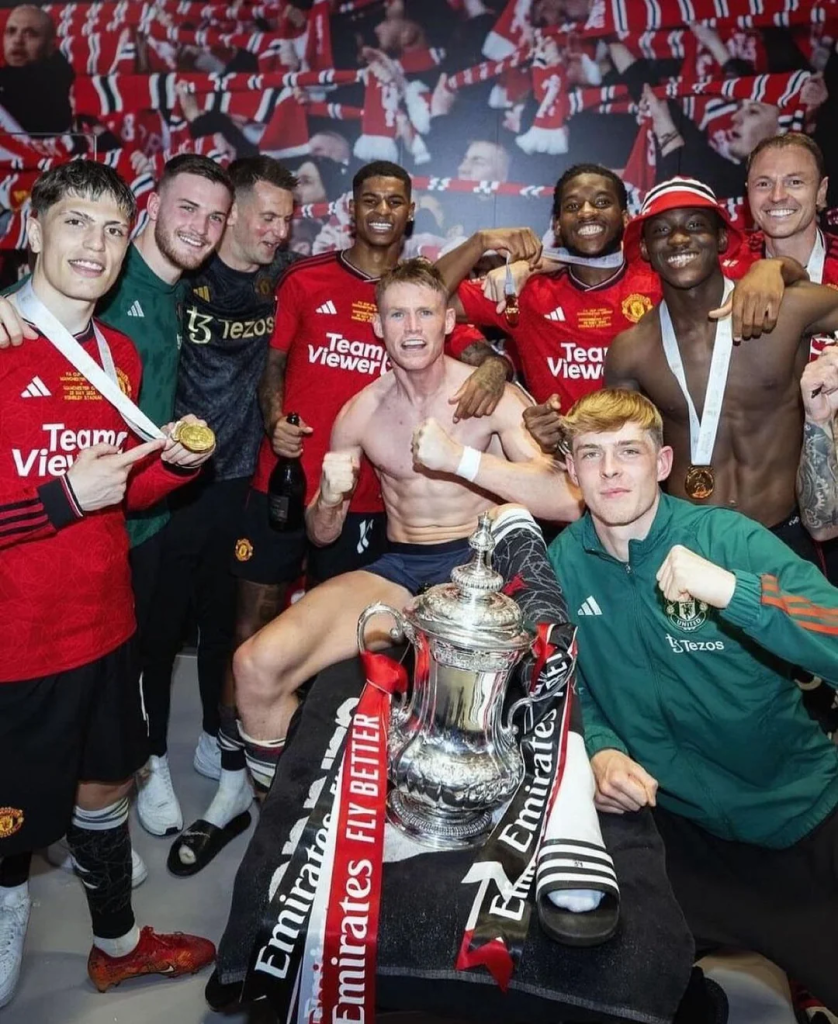 Manchester United Academy Graduates celebrating beating Manchester City in the 2024 FA Cup Final.